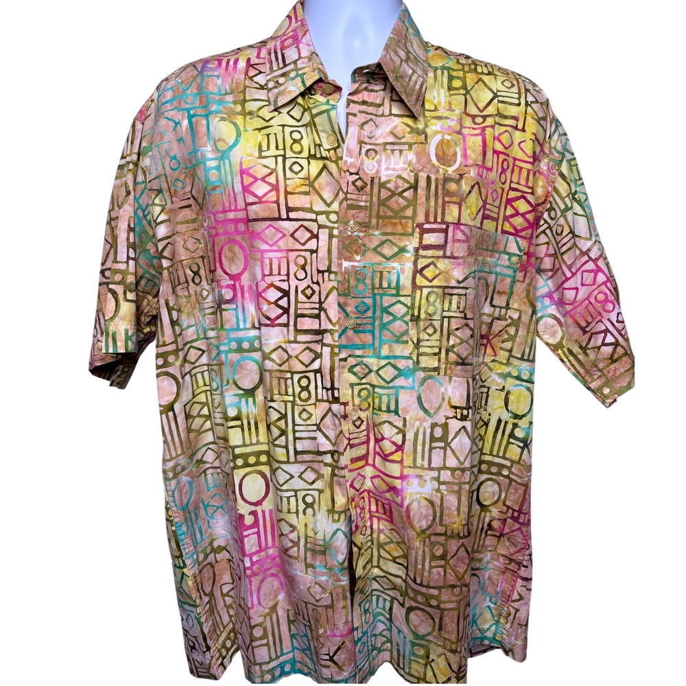 HEART OF JAVA‎ Multicolor Batik Short Sleeve Shirt XL Resort Handmade Tropical